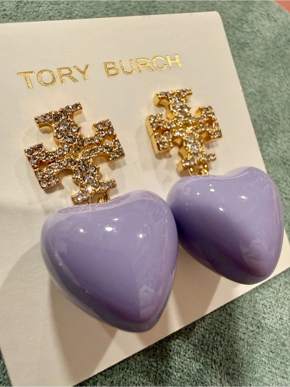 Tory Burch | Gold Plated & Crystal Logo with Lilac Heart Drop Earrings - Picture 2 of 4